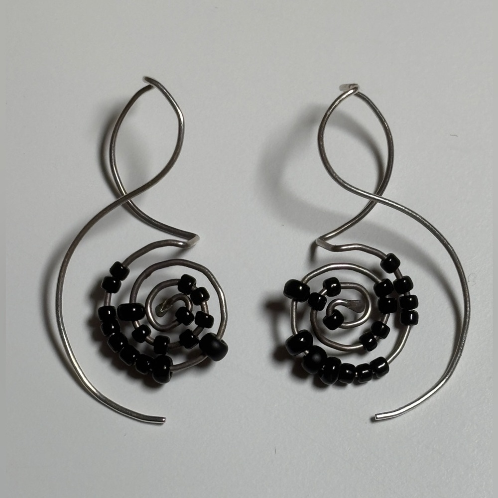 Silver Spiral Threader Earrings Black Beads Artisan Handcrafted